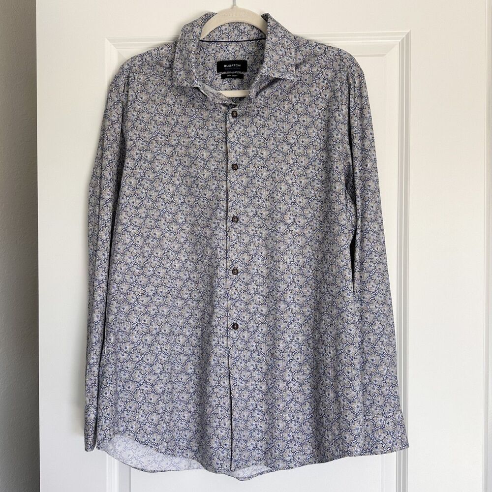 Bugatchi OoohCotton Tech Shirt Large Blue Floral 8 Way Stretch Button Up